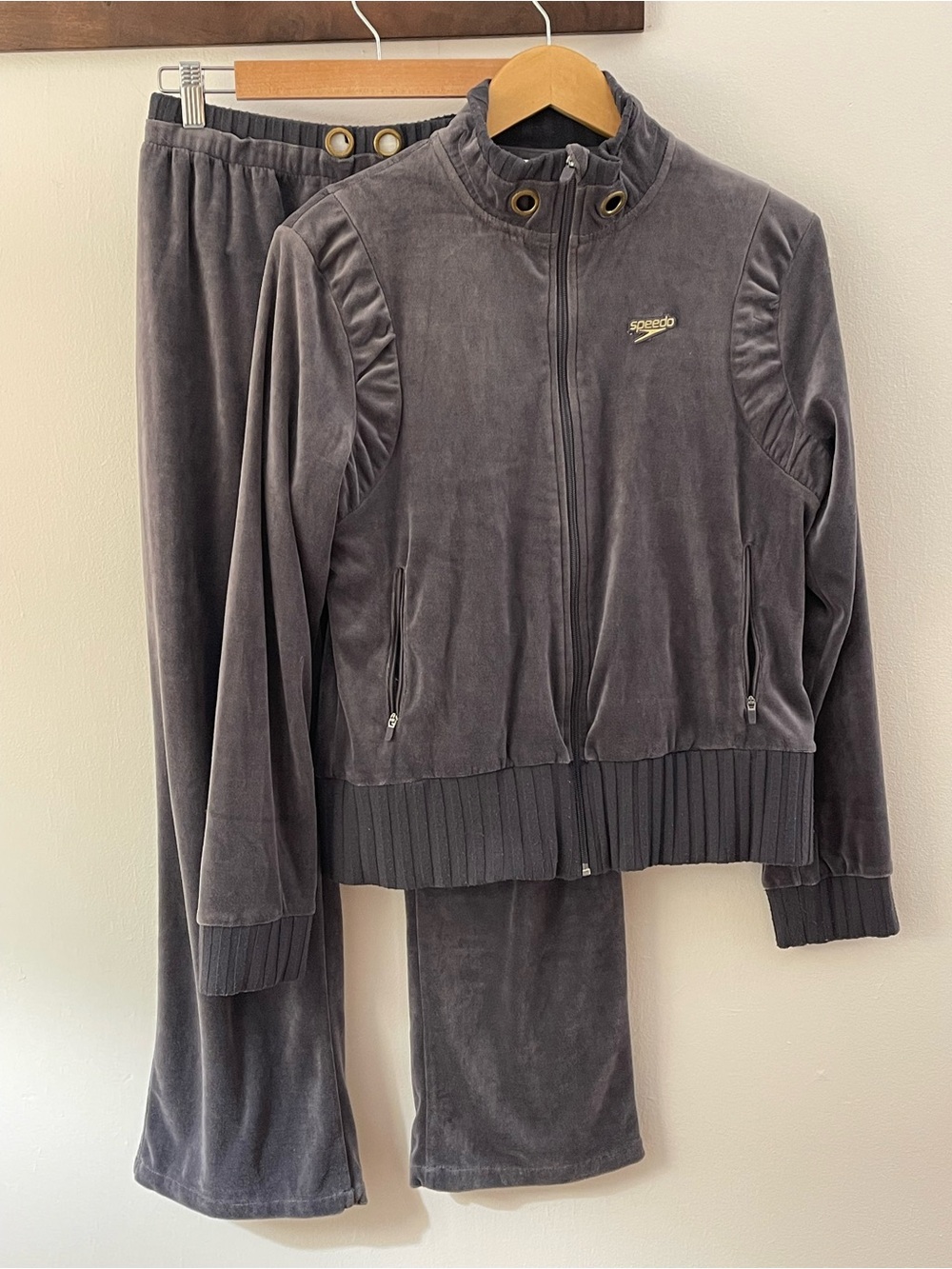 Vintage Speedo Velour Tracksuit Jacket Flare Pants Y2K Gray 2 Piece Set